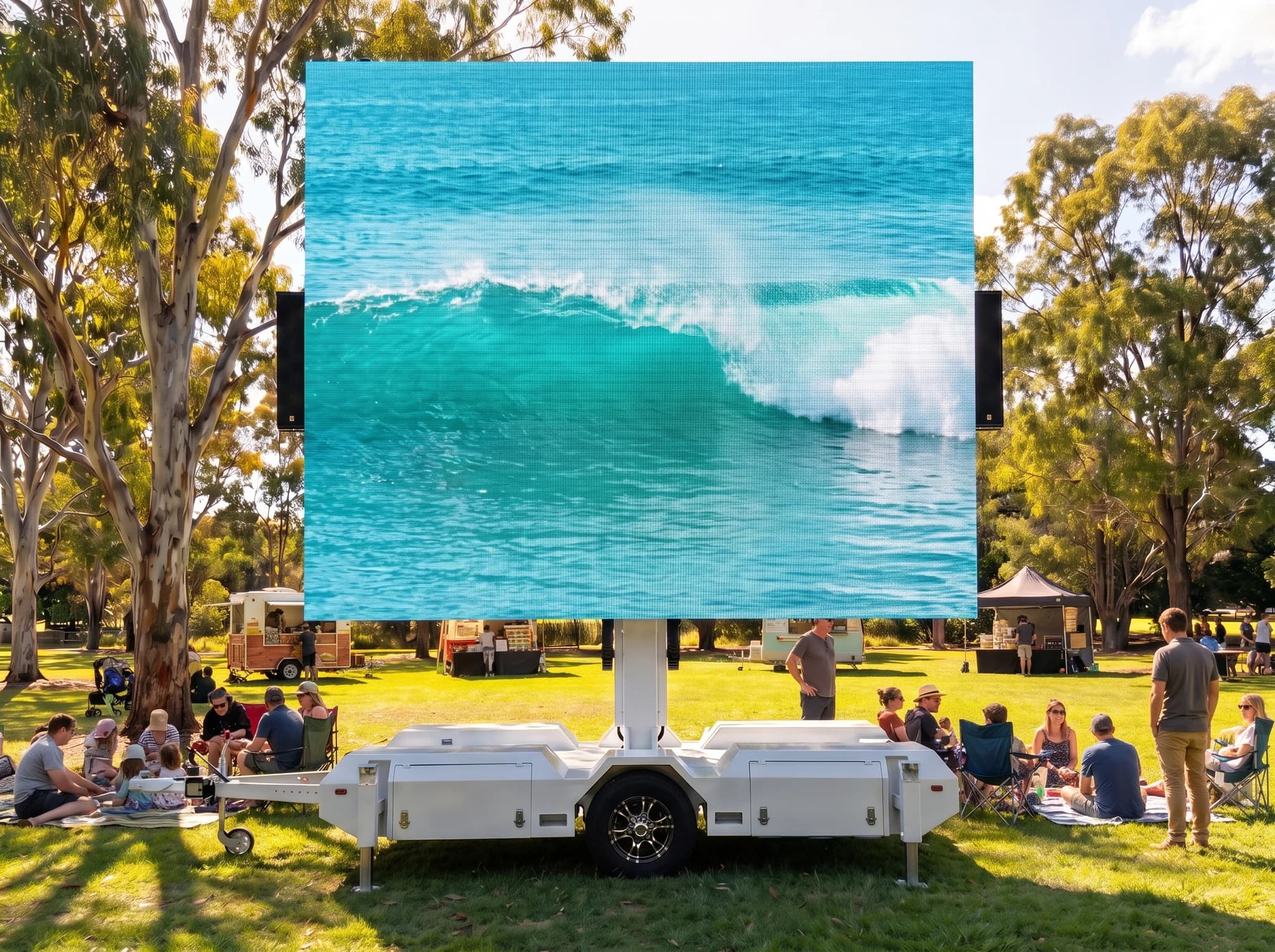 Illustrative community event with a towering LED screen on a white trailer and families on a Queensland park lawn.