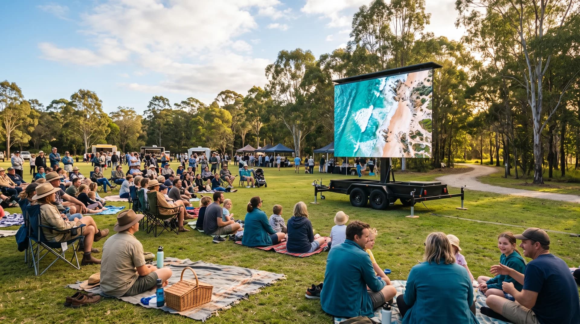 Illustrative outdoor community event with a large trailer-mounted screen and people relaxing on the grass.