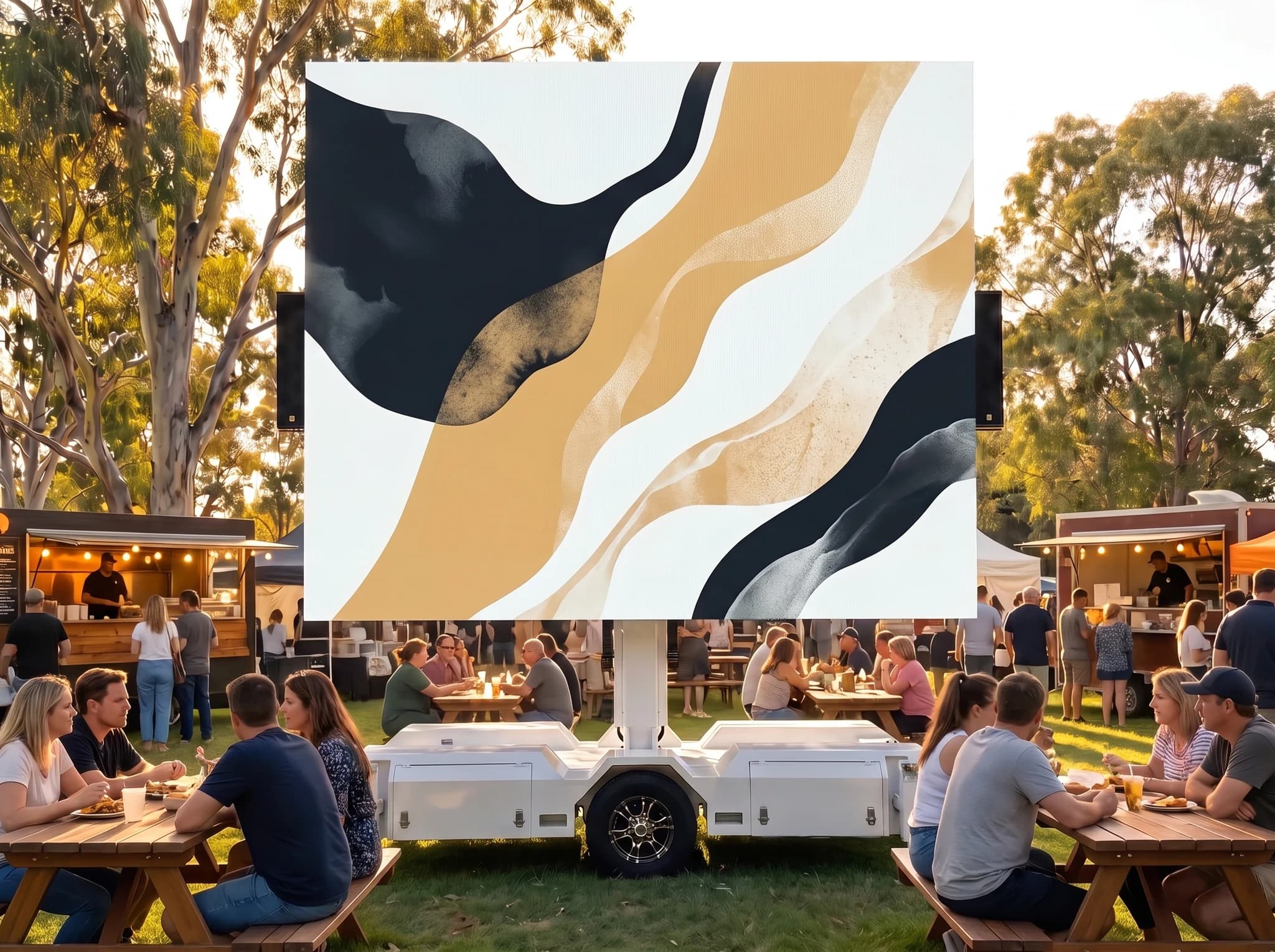 Illustrative community gathering beside a large screen on a white trailer displaying Ink and Sandstone artwork.