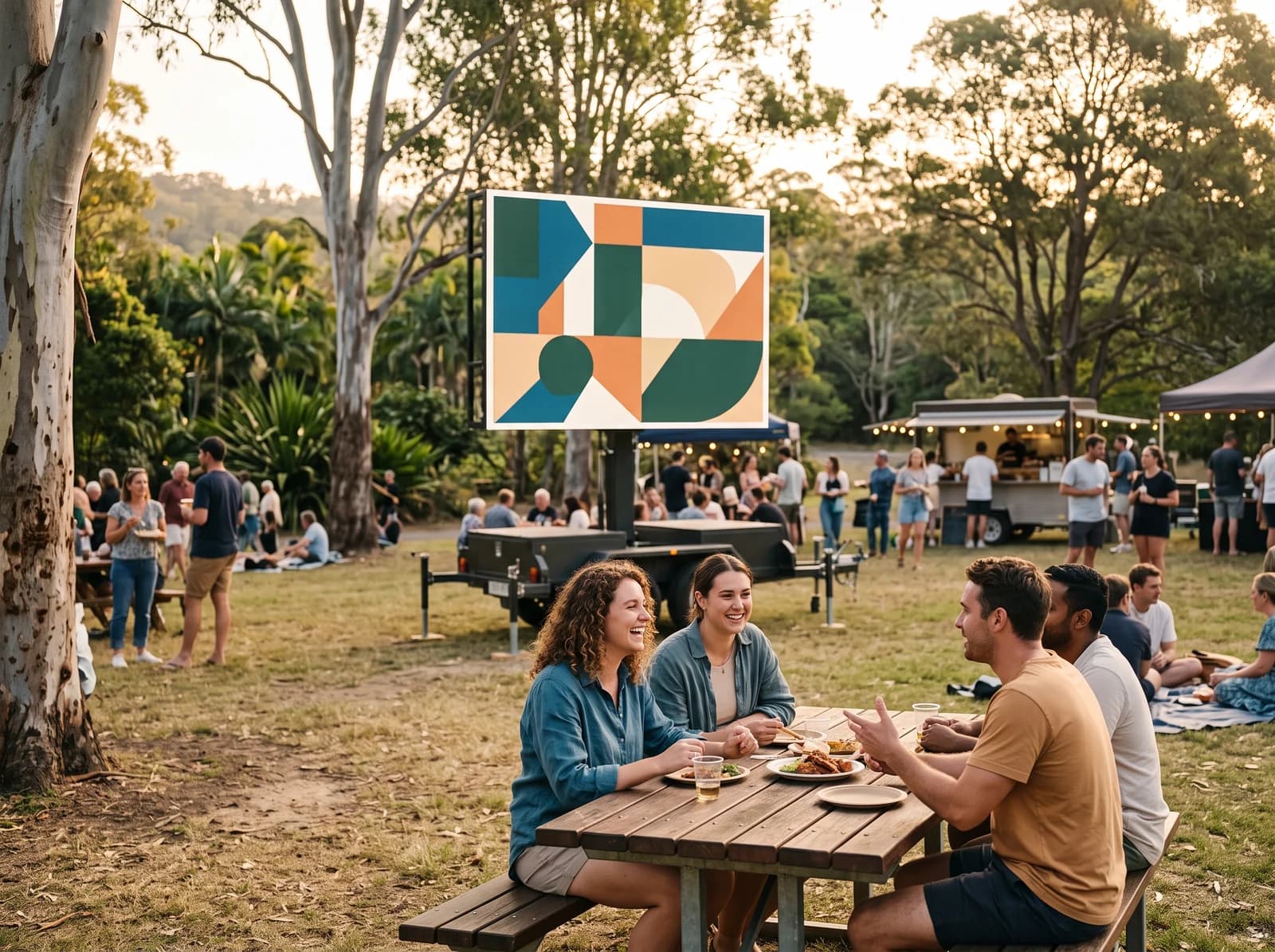 Illustrative local event with a screen showing simple unbranded sponsor-style artwork.