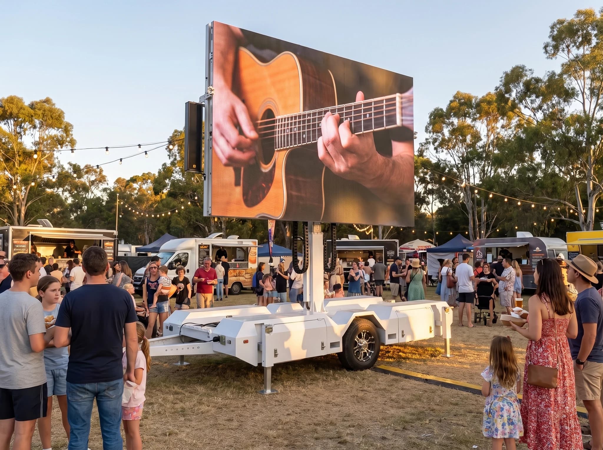Illustrative festival crowd surrounding a clear operating area for a giant LED screen on a white trailer.