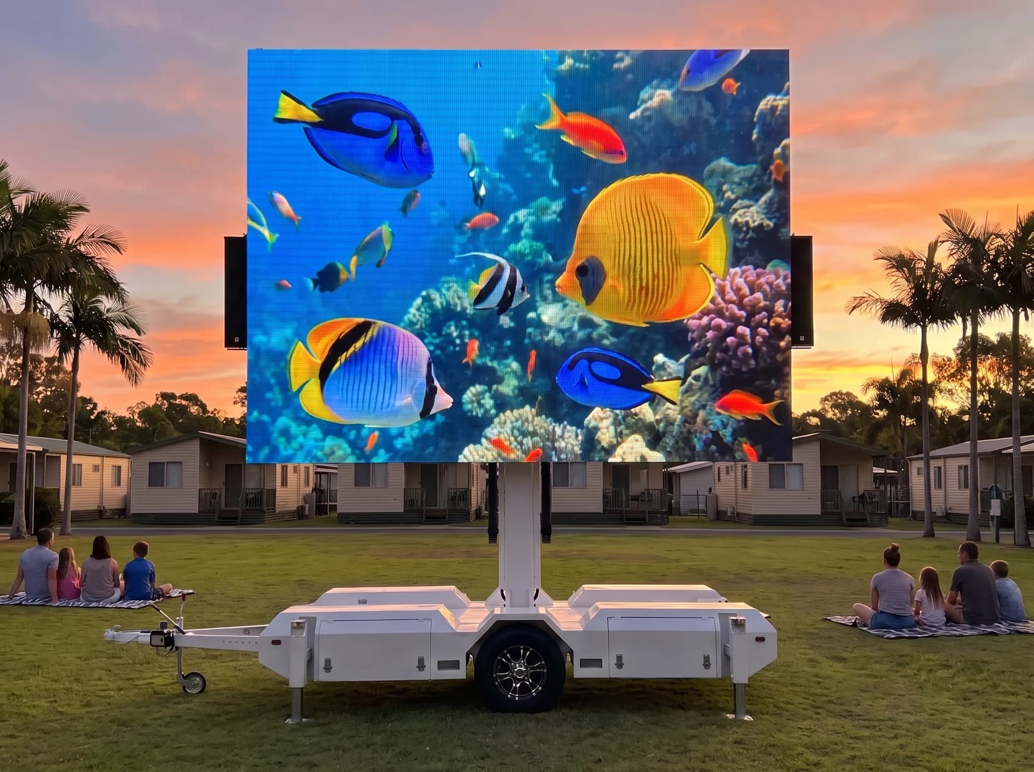 Illustrative holiday park cinema with families watching a towering LED screen raised on a white trailer.