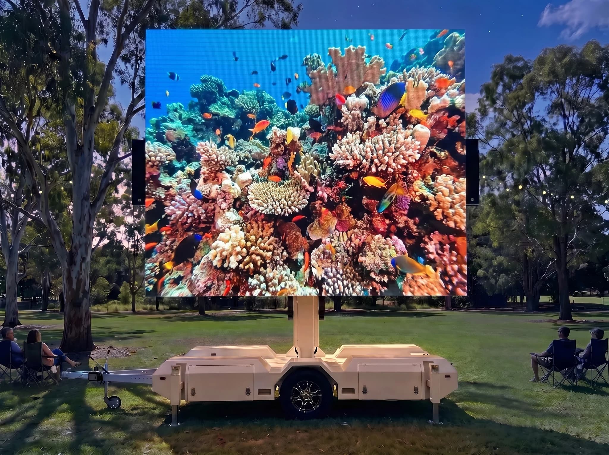 Illustrative outdoor cinema at blue hour with a giant LED screen raised above its white trailer and a seated audience.