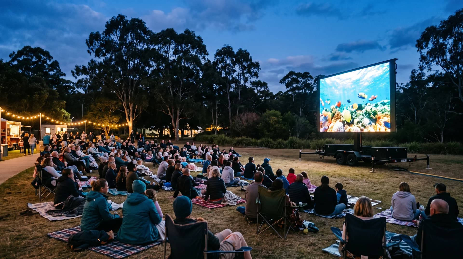 Illustrative outdoor cinema evening with an audience on picnic rugs beneath a glowing screen.