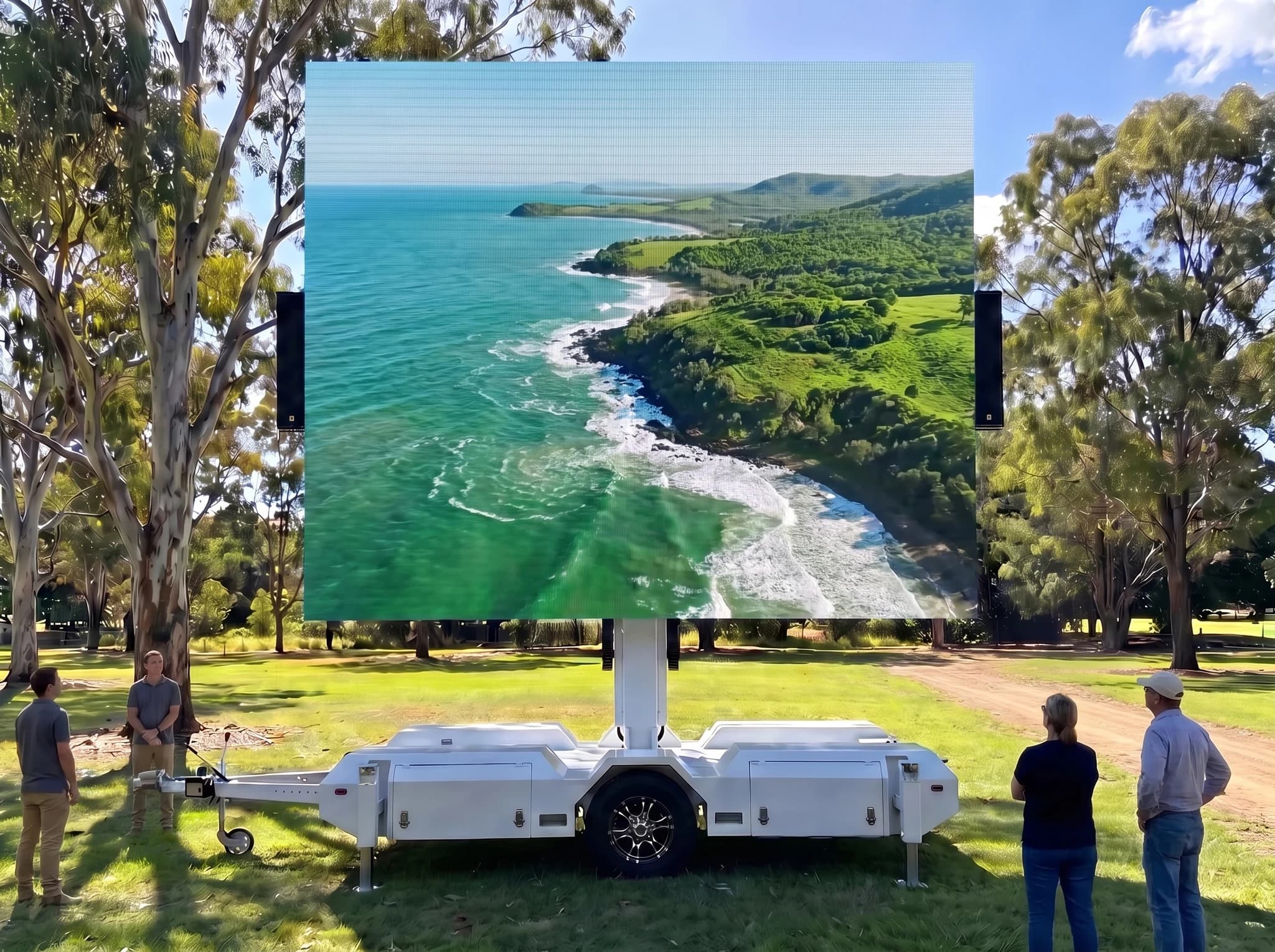 Illustrative regional Queensland showground with a large white trailer-mounted LED screen, visitors and distant hills.