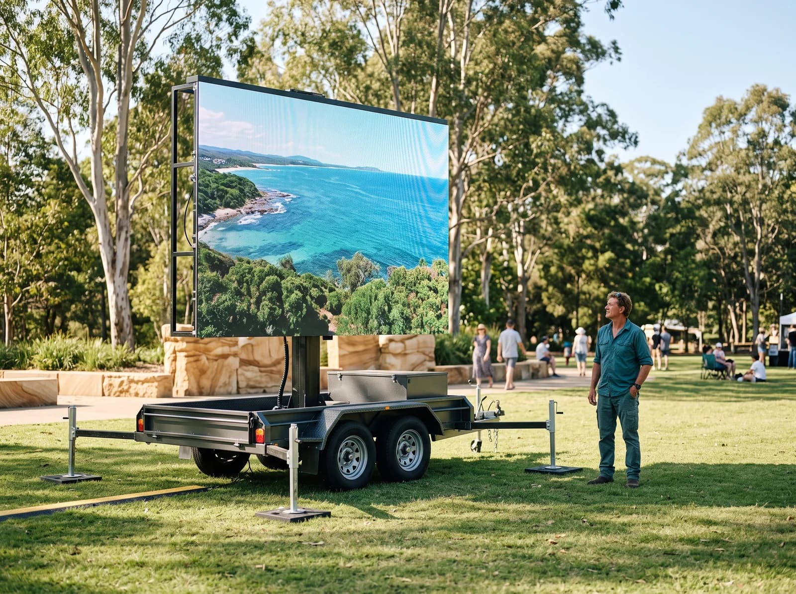 Illustrative concept of an outdoor LED screen on a trailer at a level grass event site; equipment may differ.