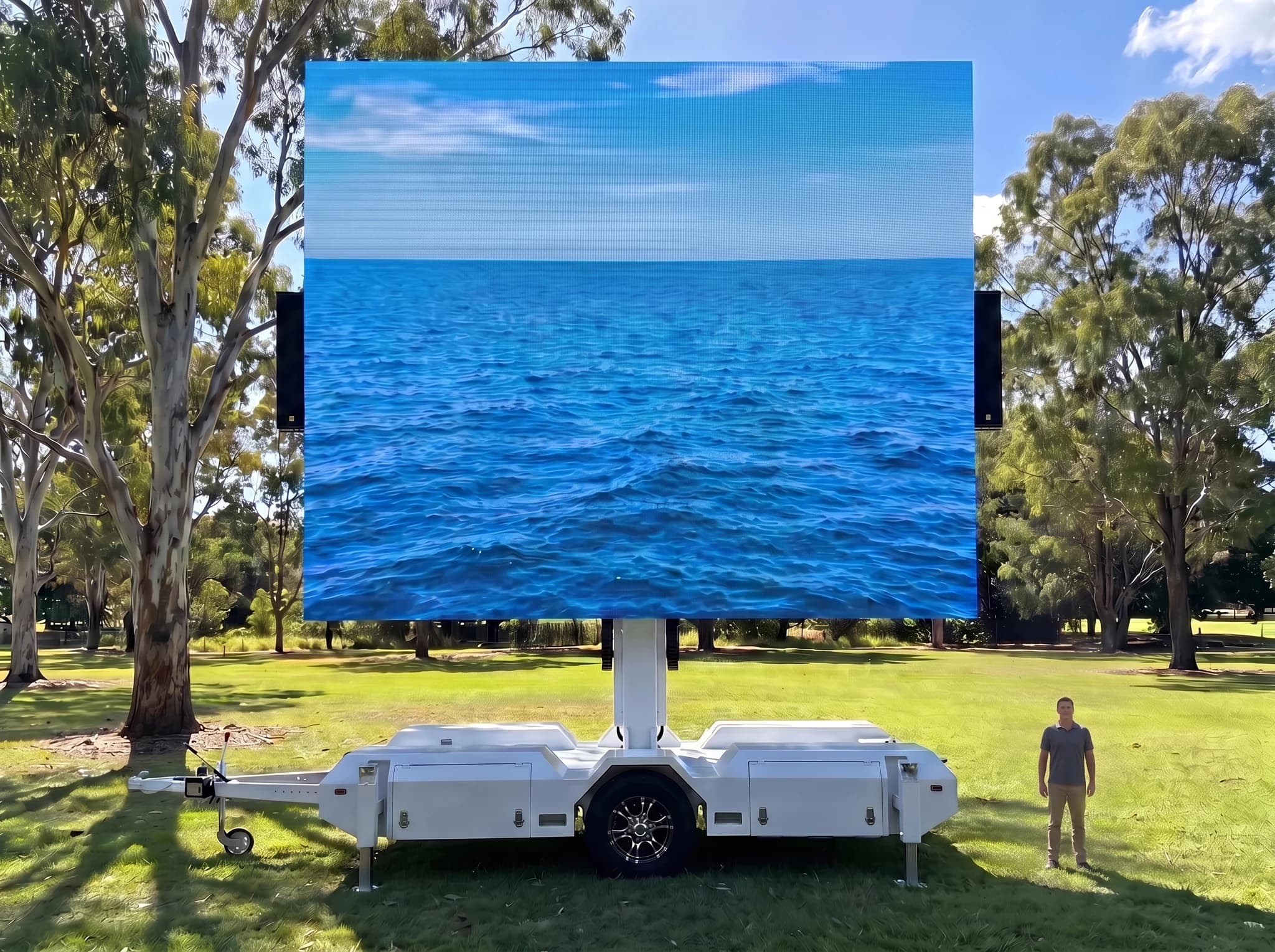 Illustrative large almost-square LED screen raised on a white trailer, with an adult standing nearby for scale.
