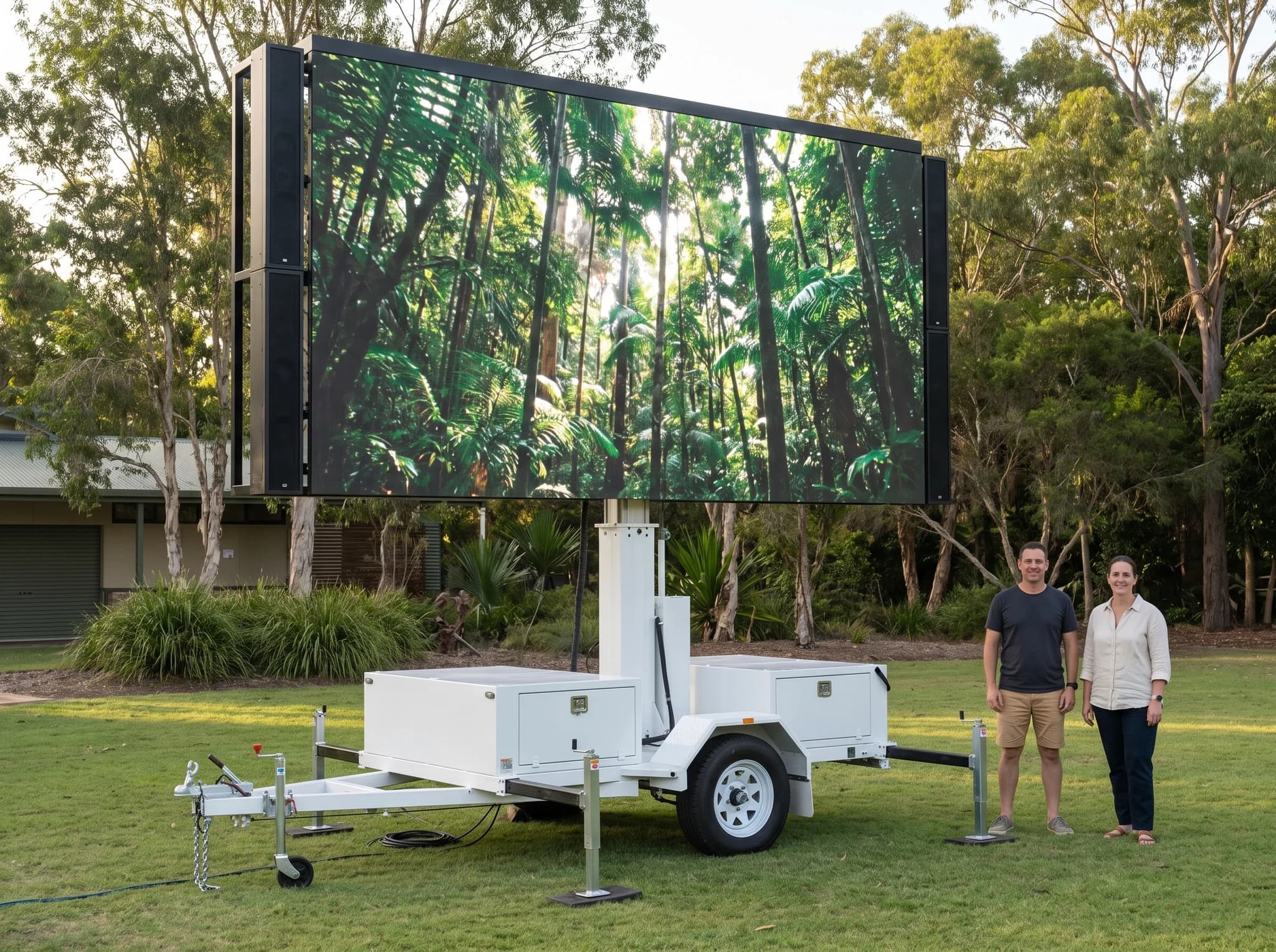 Illustrative secondary-format wide LED screen on a white trailer, based on the supplied equipment reference photographs.