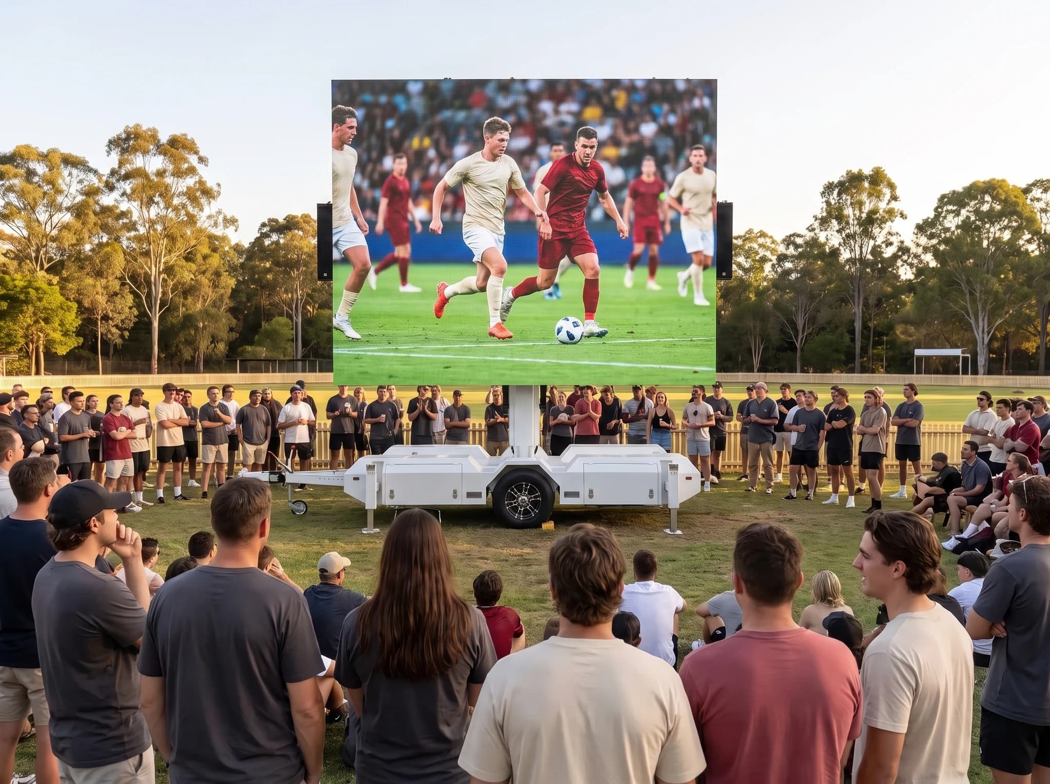 Illustrative sports fans beside a large almost-square LED screen on a white trailer at a local oval.