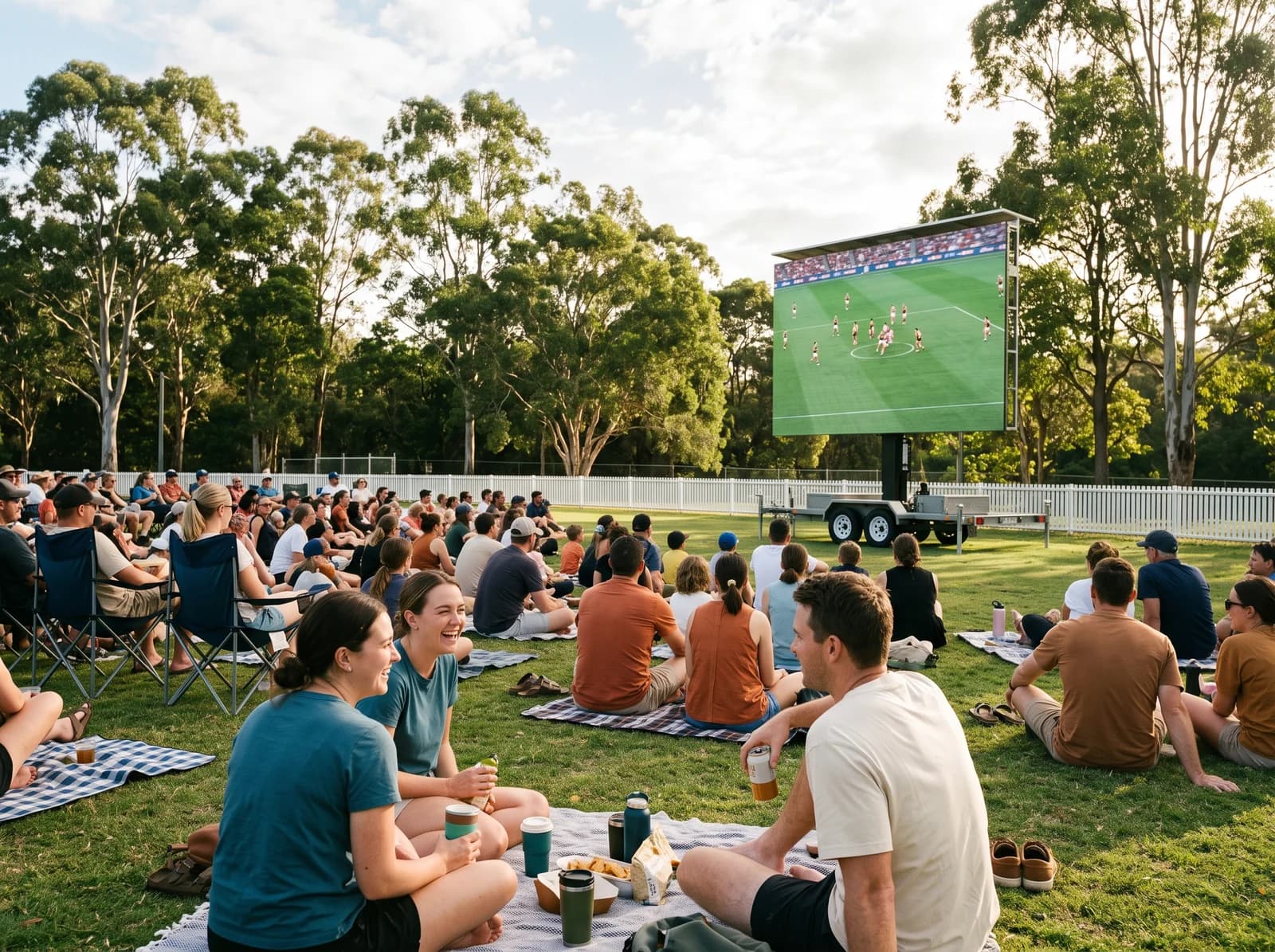 Illustrative sports viewing event with fans watching a large outdoor screen on a local oval.