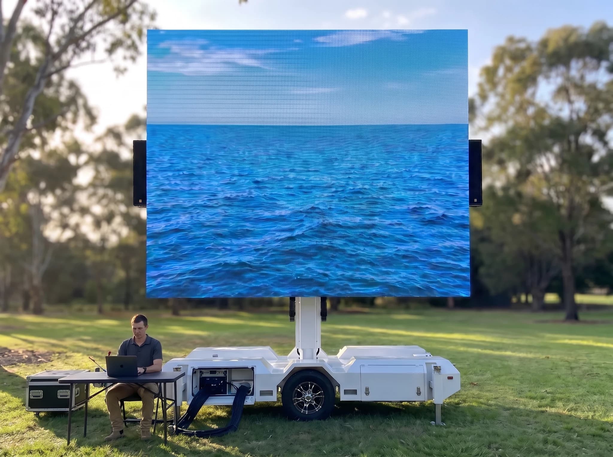 Illustrative technician checking playback beside a towering screen and white trailer, with the complete equipment visible.