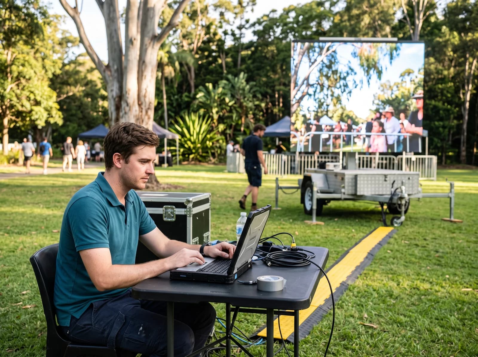 Illustrative event technician checking playback equipment beside an outdoor screen trailer.