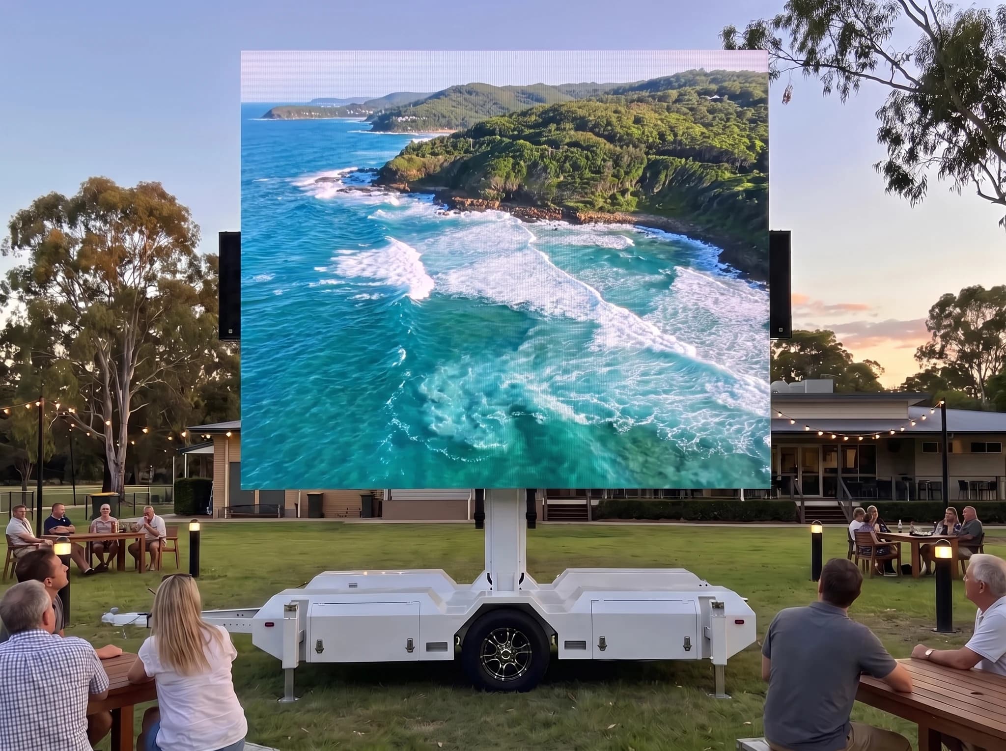 Illustrative open-air club lawn with guests beside a large almost-square LED screen and white trailer.